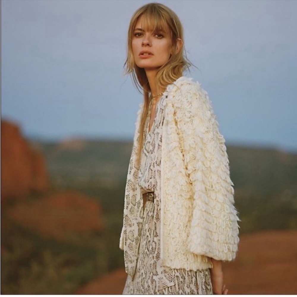 Akemi + Kin Anthropologie Wool Blend Loop Knit Cardigan Boho Maximalist Cream OS